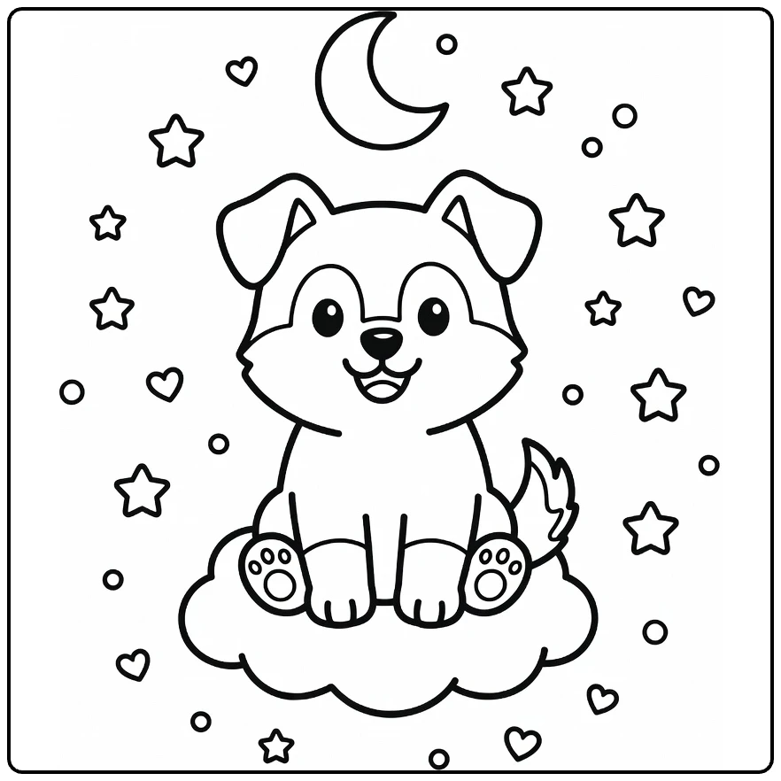 Dog coloring page for preschoolers: smiling Husky on cloud