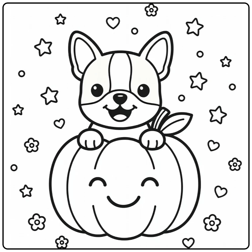 Dog coloring page for preschoolers: Boston Terrier puppy peeks from pumpkin