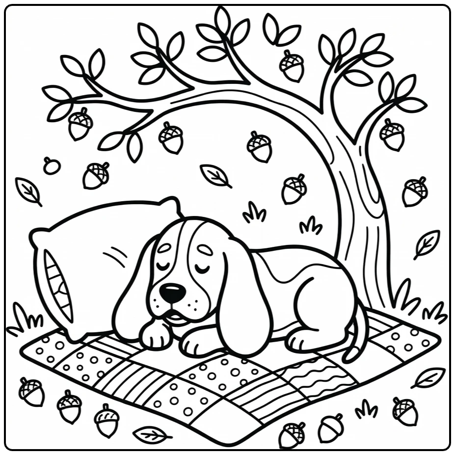 Dog coloring pages for kids: sleepy Basset Hound on blanket