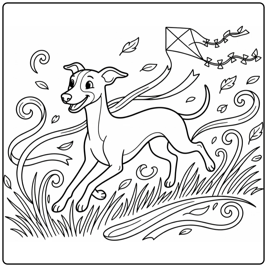 Dog coloring pages for kids: Whippet running in windy field