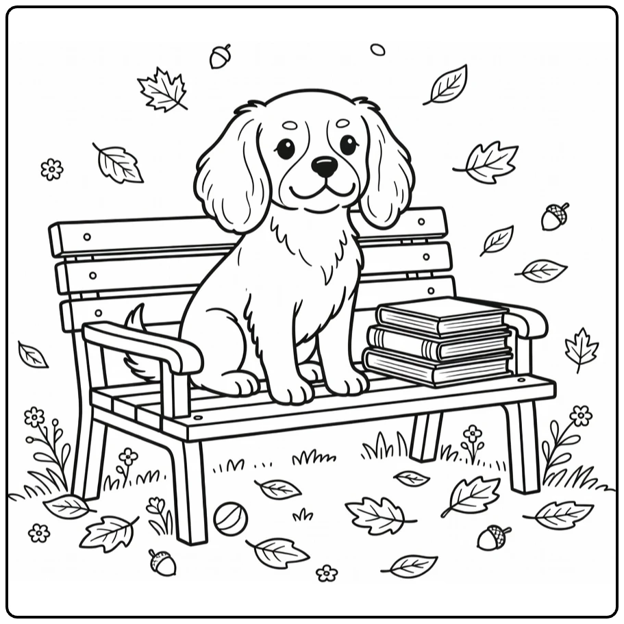Dog coloring pages for kids: Cavalier Spaniel on bench with books