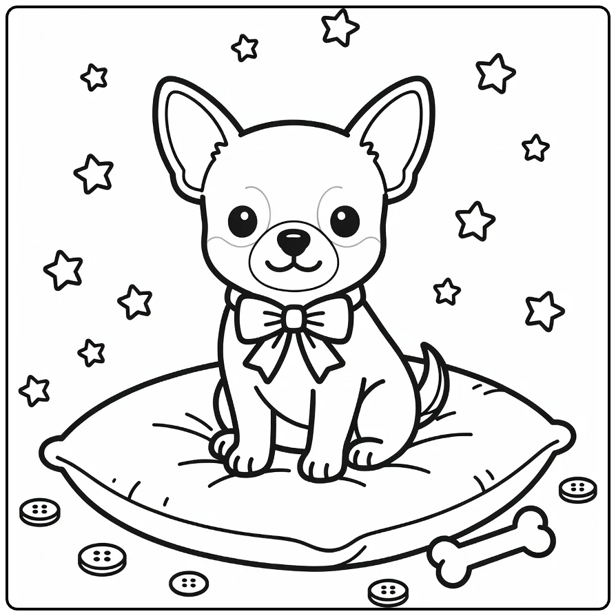 Dog coloring pages for kids: Tiny Chihuahua on cushion with bow