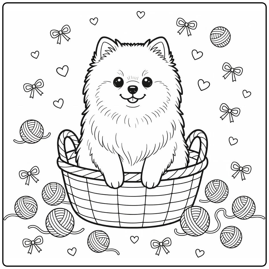 Dog coloring pages for kids: fluffy Pomeranian in cozy basket with yarn