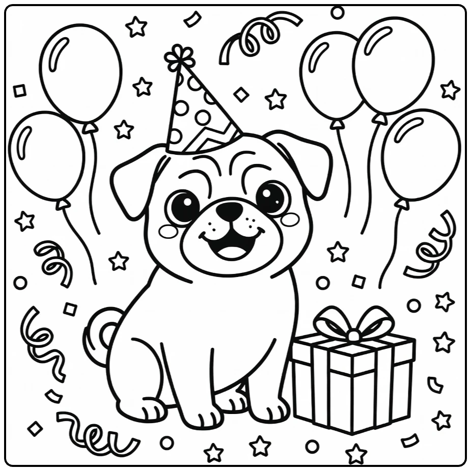 Dog coloring pages for kids: playful Pug in party hat with gift, balloons