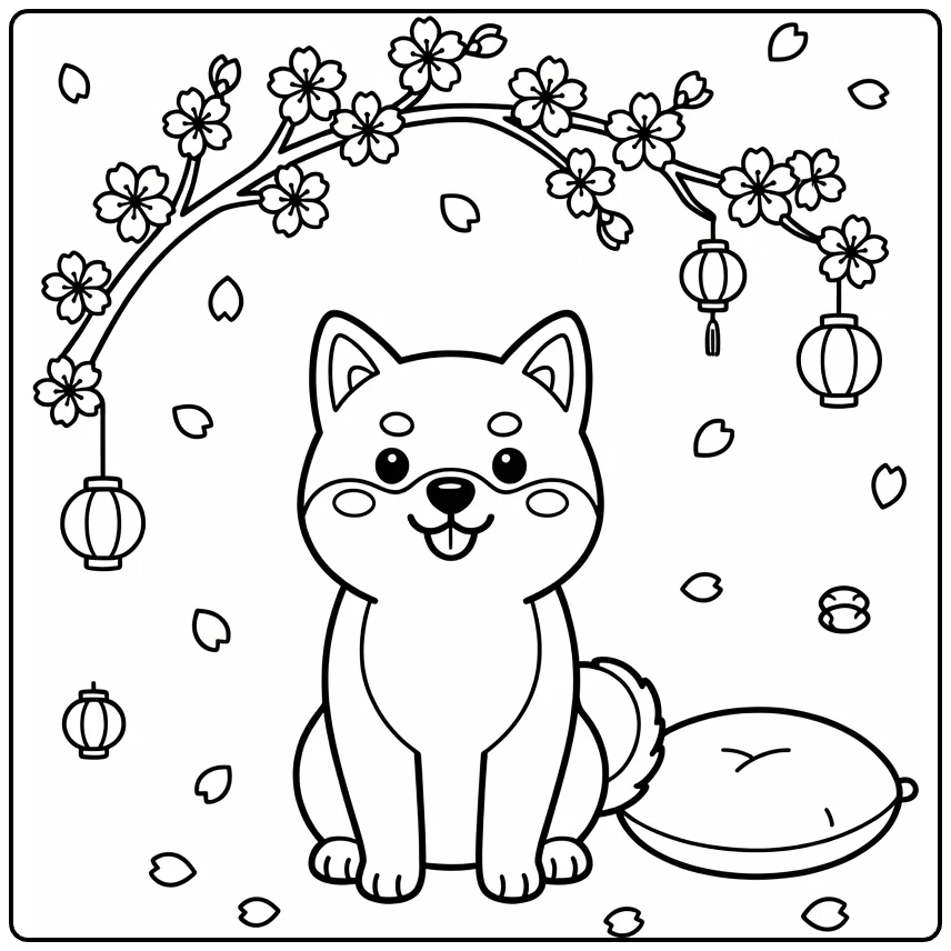 Dog coloring pages for kids: Happy Shiba Inu under cherry blossoms