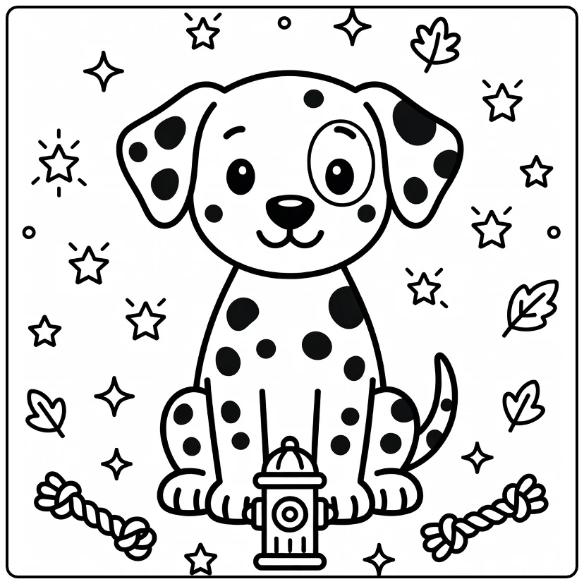 Dog coloring pages for kids: Cute Dalmatian puppy by hydrant