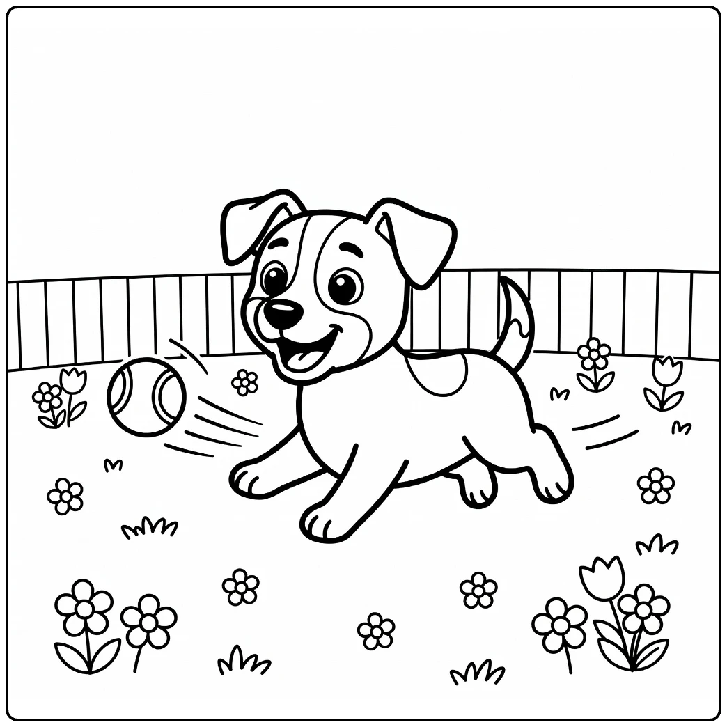 Dog coloring pages for kids: Jack Russell Terrier chasing tennis ball