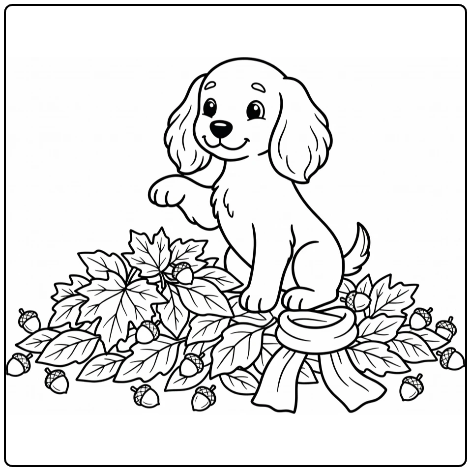 Dog coloring pages for kids: Cocker Spaniel puppy paw up by leaves, acorns