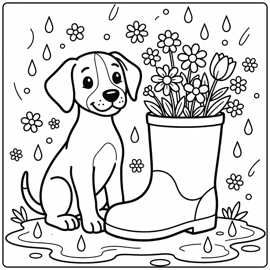 Dog coloring pages for kids: Great Dane puppy by flower-filled rain boot