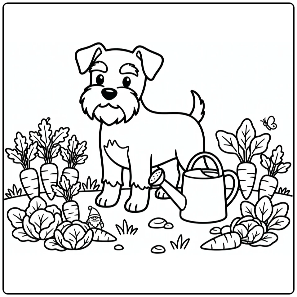 Dog coloring pages for kids: Schnauzer in garden with carrots
