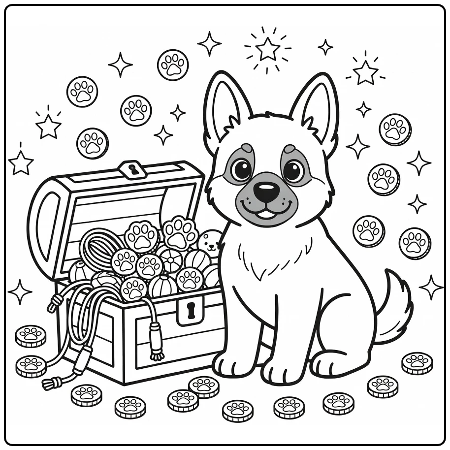 Dog coloring pages for kids: German Shepherd puppy by toy treasure chest (58 chars)