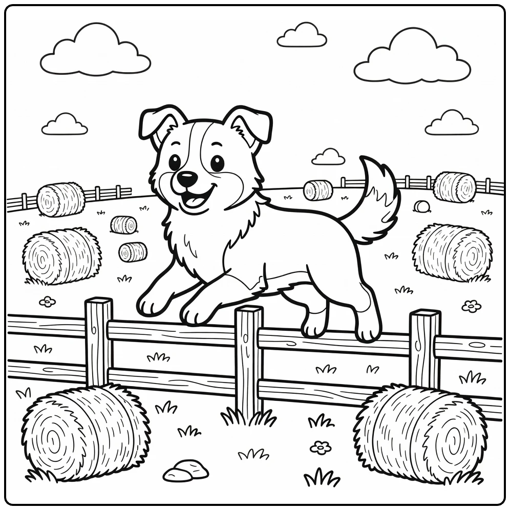 Dog coloring pages for kids: Border Collie leaping farm fence