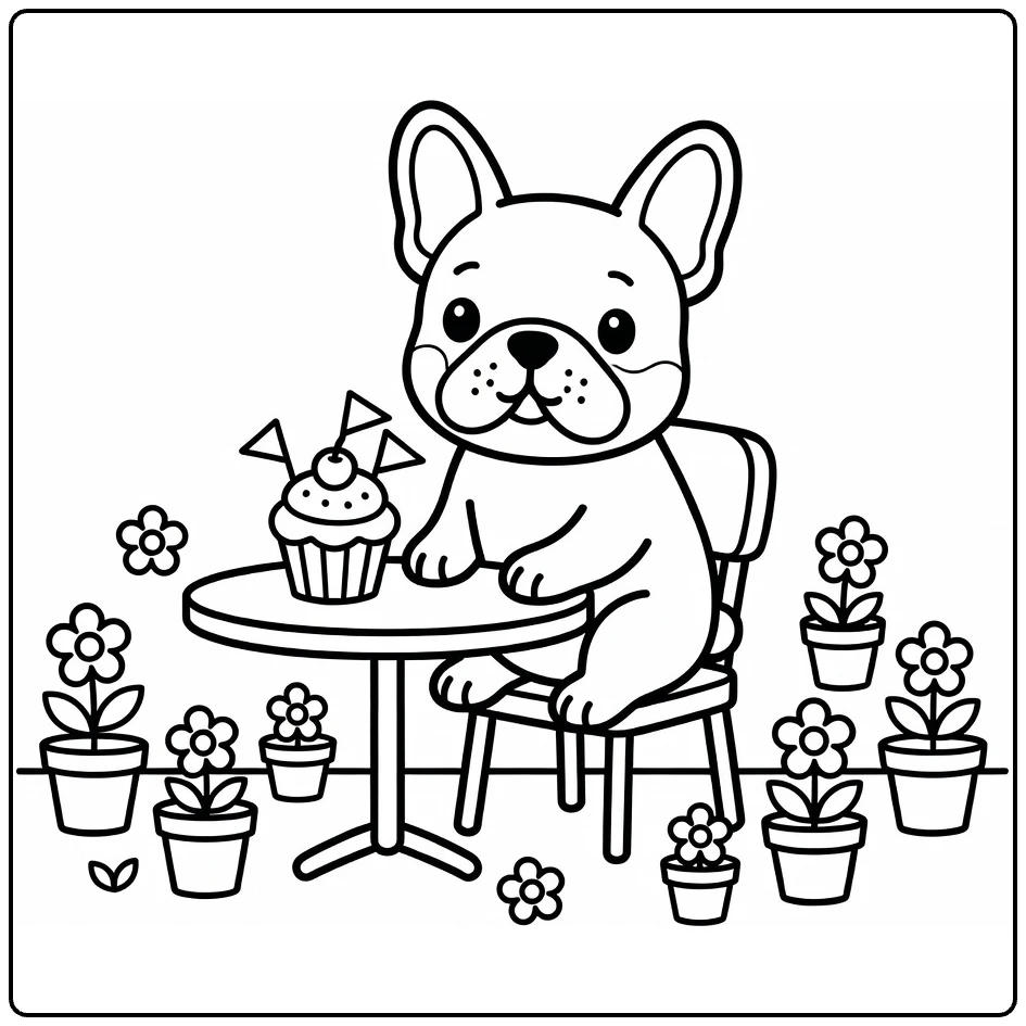 Dog coloring pages for kids: French Bulldog at café with cupcake