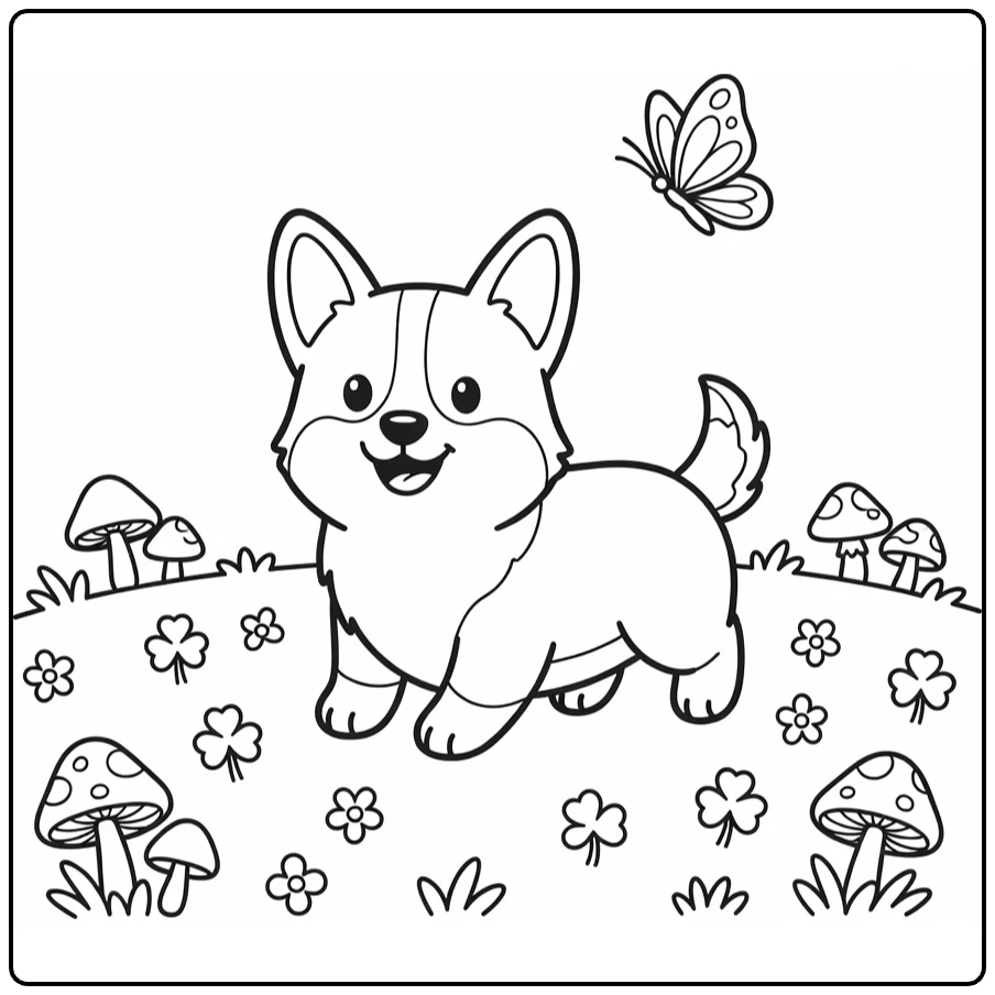 Dog coloring pages for kids: Corgi trotting in meadow