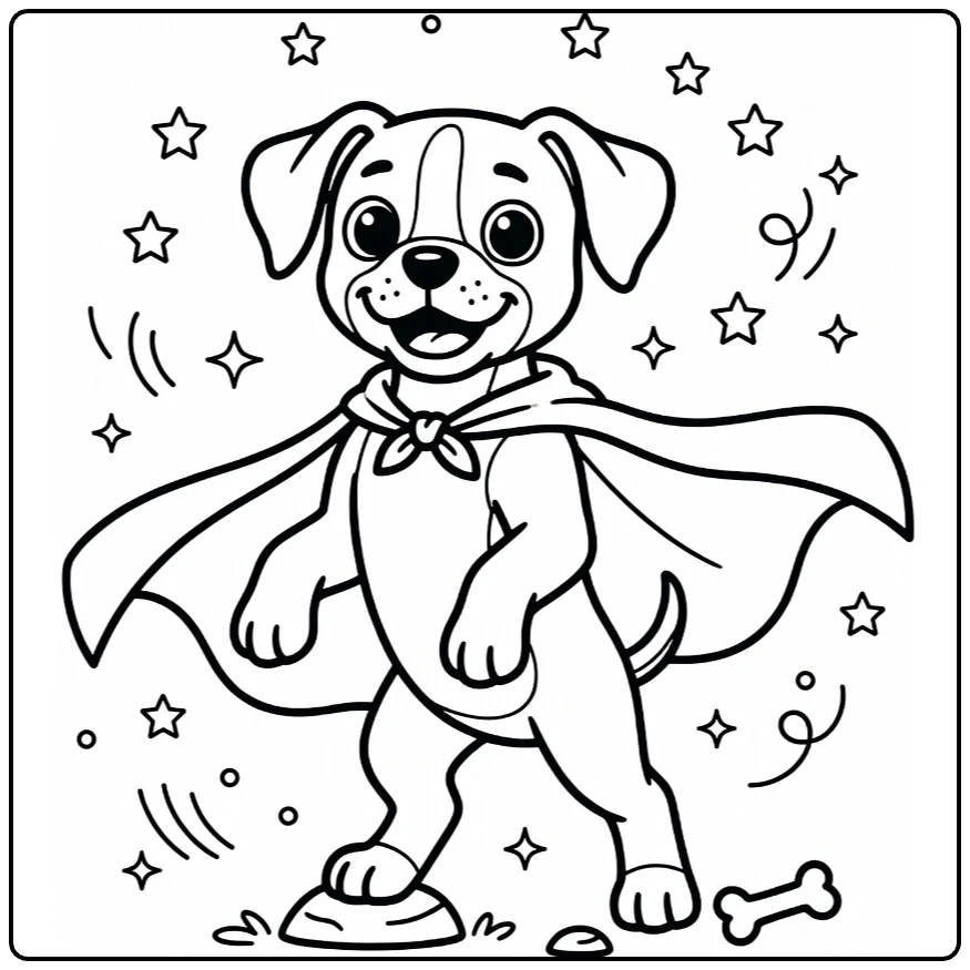 Dog coloring pages for kids: Boxer puppy superhero on rock