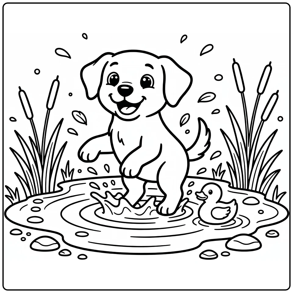 Dog coloring pages for kids: Lab splashing in puddle with duck
