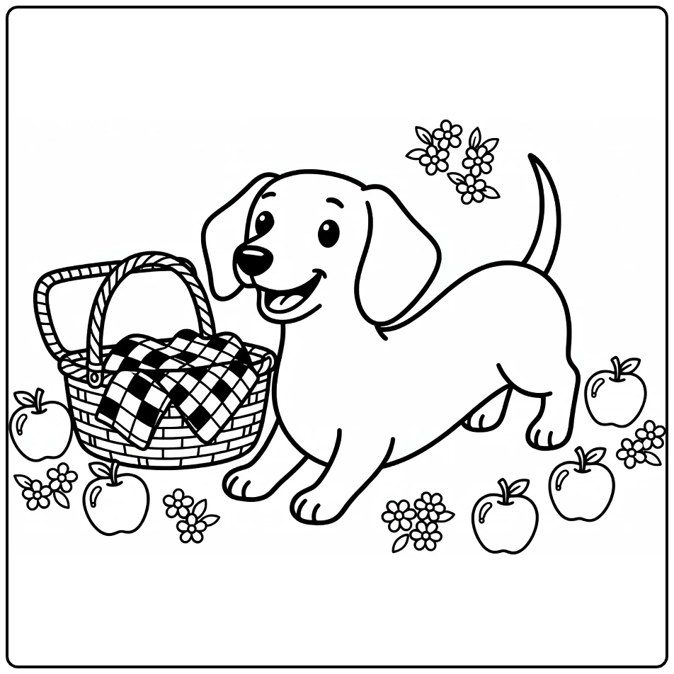 Dog coloring pages for kids: Dachshund stretching by picnic basket