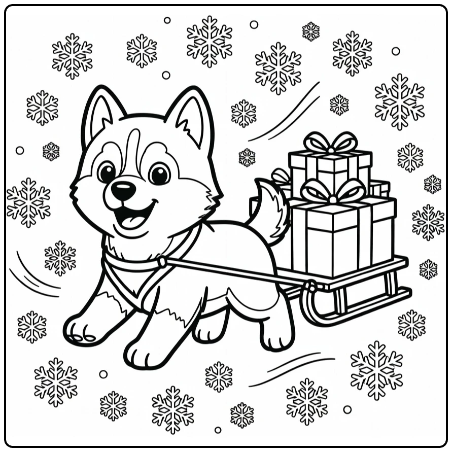Dog coloring pages for kids: Husky puppy pulls gift sled
