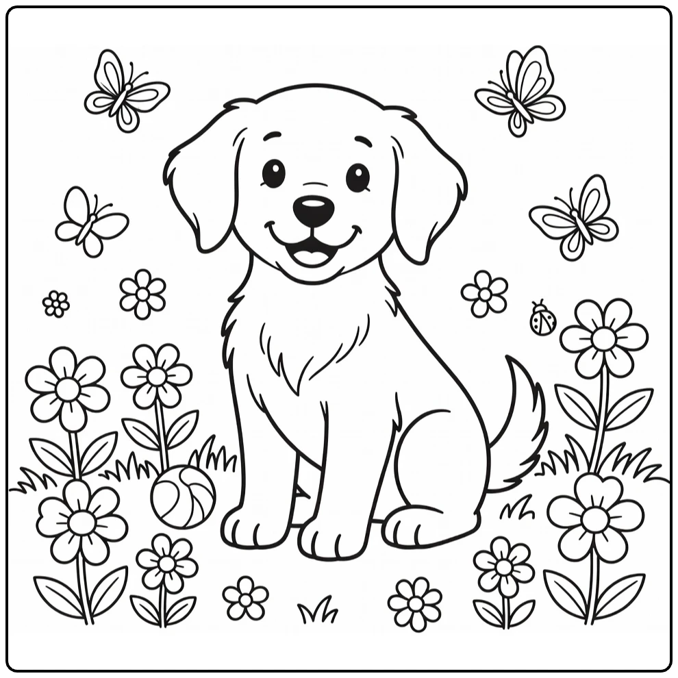 Dog coloring pages for kids: Golden Retriever puppy in garden