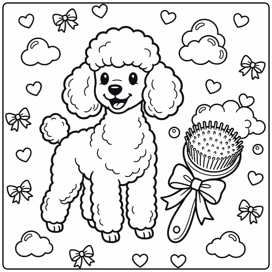 Dog coloring pages for kids: cheerful Poodle with brush & bubbles