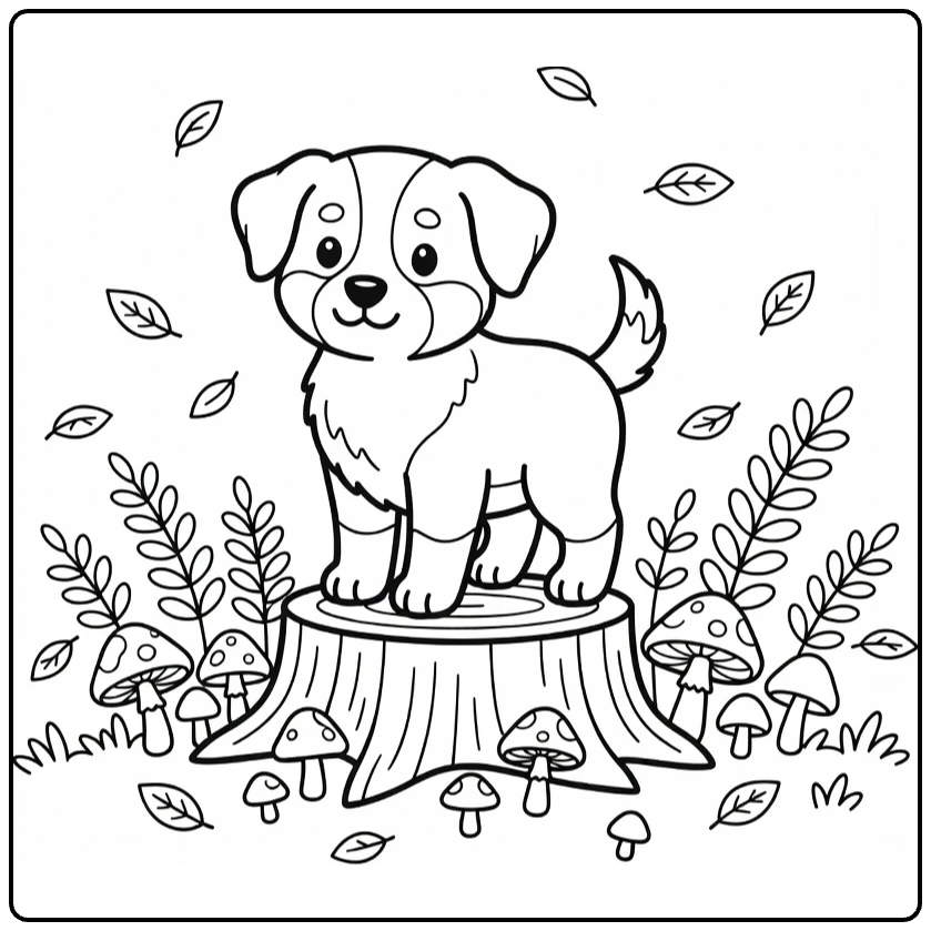 Dog coloring pages for kids: Aussie puppy on woodland stump