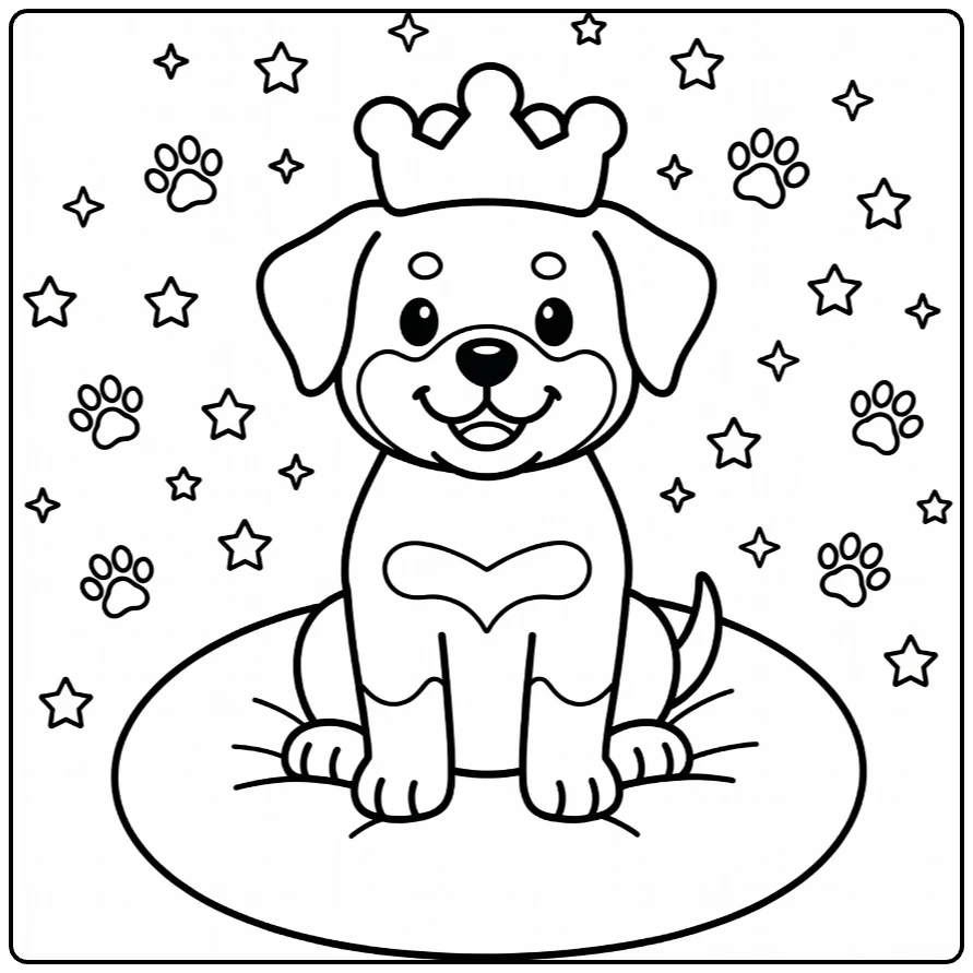 Dog coloring pages for kids: Proud Rottweiler puppy with crown