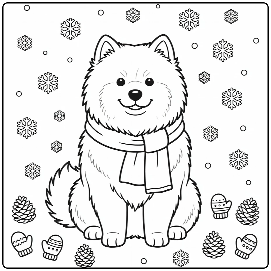 Dog coloring pages for kids: fluffy Samoyed in snow with scarf