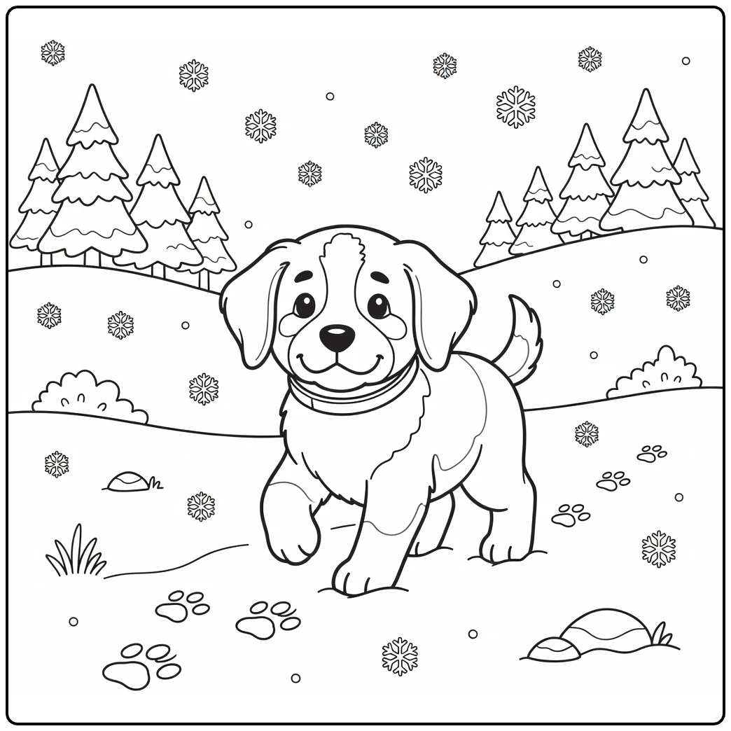 Dog coloring pages for kids: Saint Bernard puppy with barrel in snow