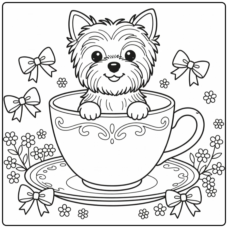 Dog coloring pages for kids: Yorkie peeking from teacup