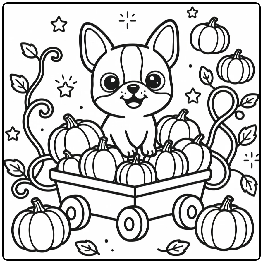 Dog coloring pages for kids: Boston Terrier in pumpkin wagon