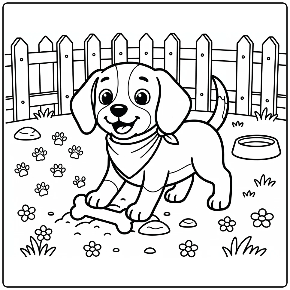 Dog coloring pages for kids: Happy Beagle digs near bone