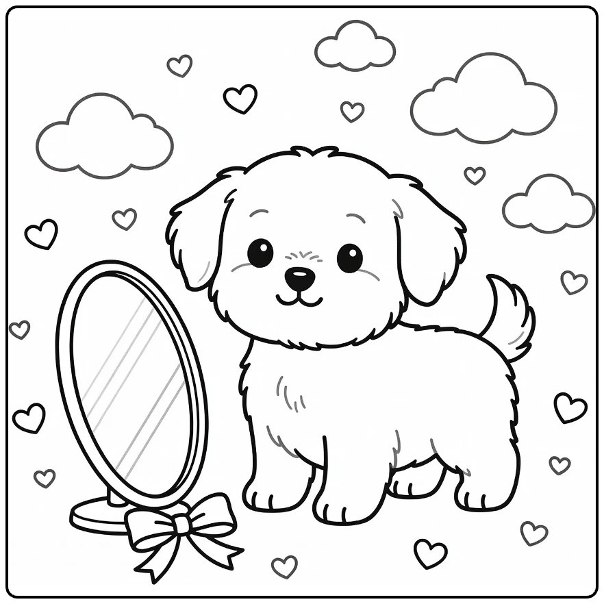 Dog coloring pages for kids: Cute Maltese puppy by mirror, ribbon