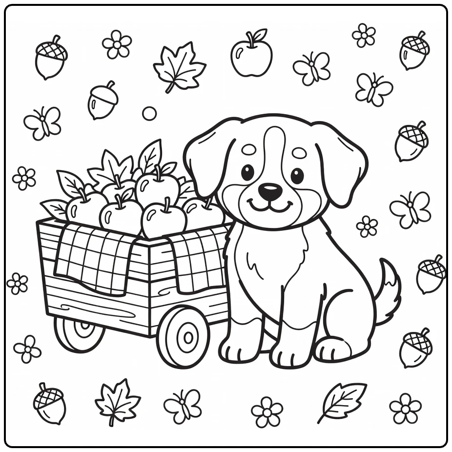 Dog coloring pages for kids: Bernese puppy by apple cart (58 chars)