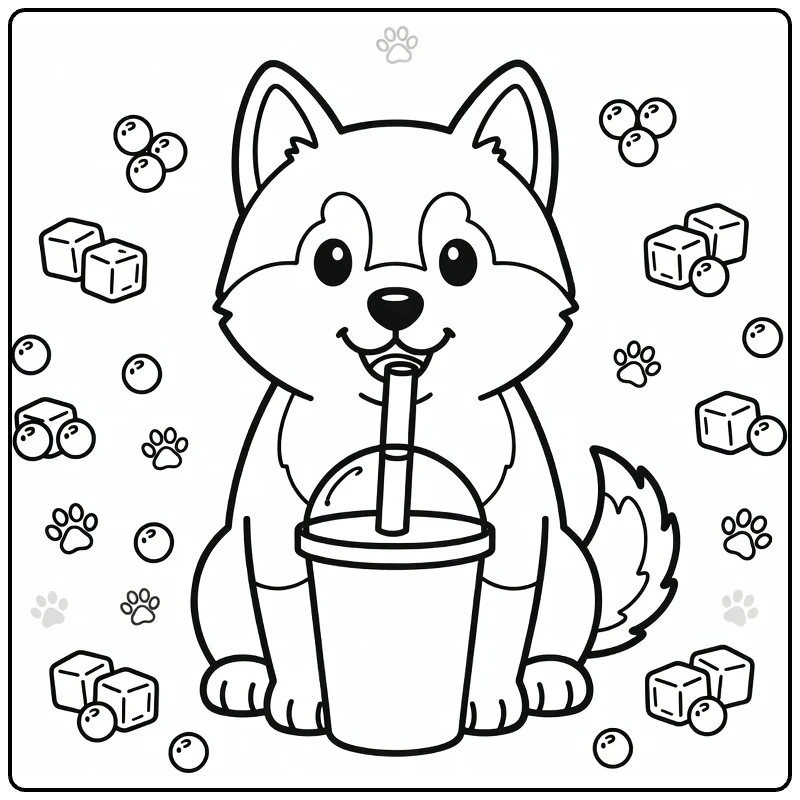 Dog drinking boba coloring page of seated husky puppy with straw