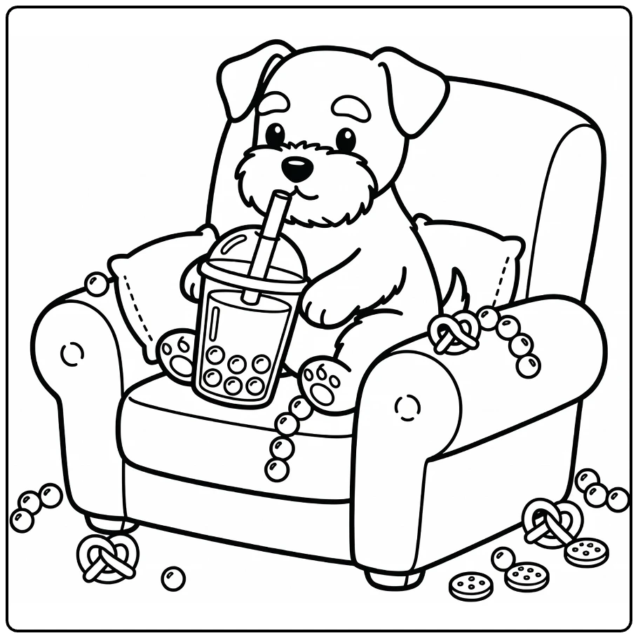 Dog drinking boba coloring page - schnauzer puppy sips in armchair