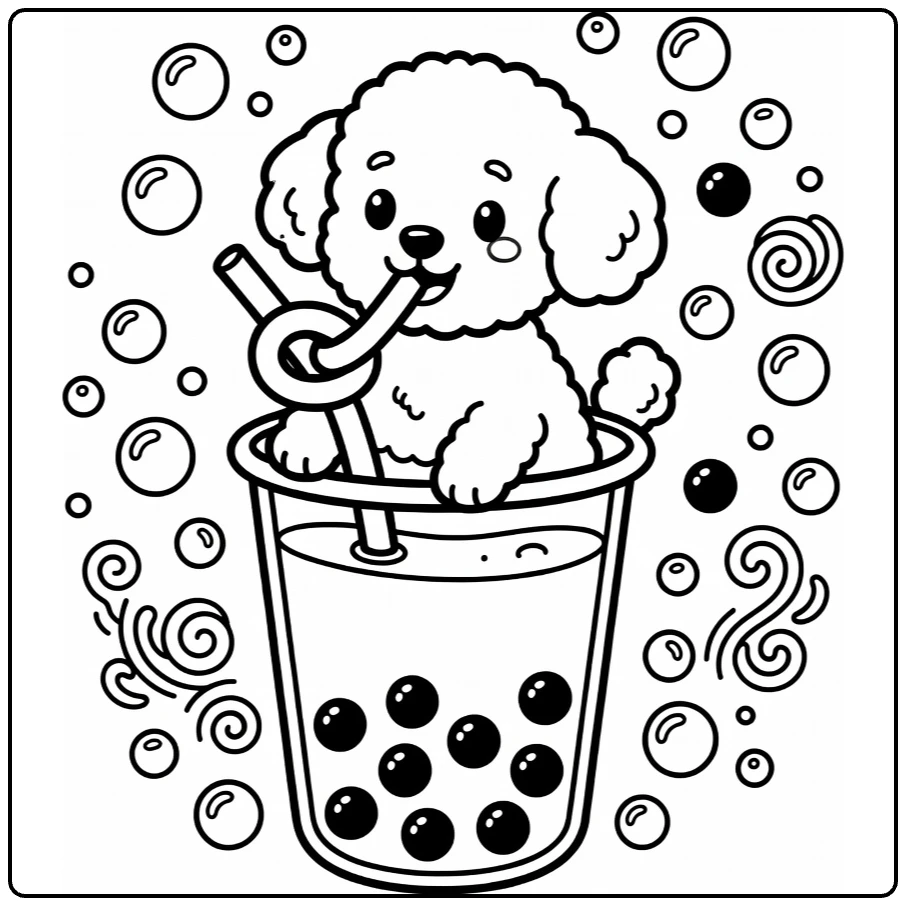 Dog drinking boba coloring page: poodle in giant cup sipping curly straw