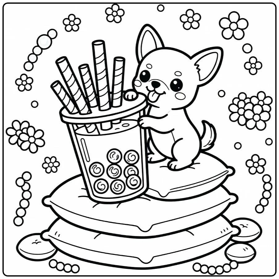 Dog drinking boba coloring page: tiny chihuahua sips giant bubble tea