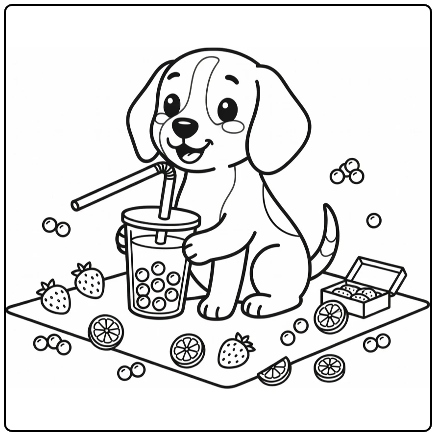 Dog drinking boba coloring page: cute beagle sips bubble tea