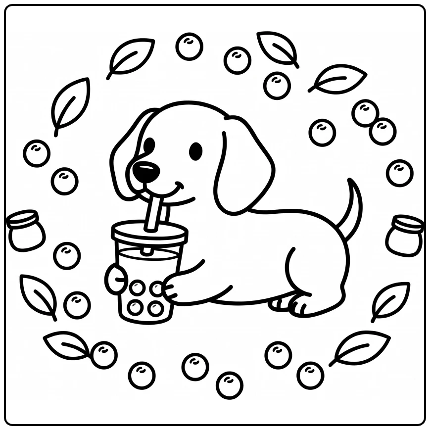 Dog drinking boba coloring page: dachshund hugs cup, sips straw