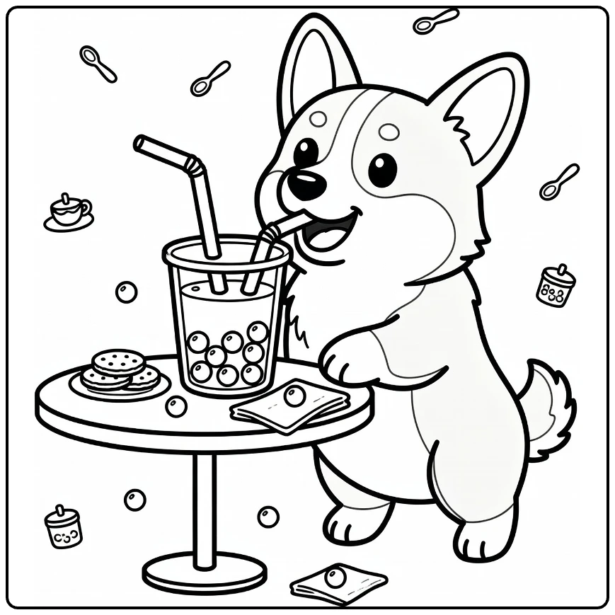 Dog drinking boba coloring page: corgi sips oversized tea at cafe