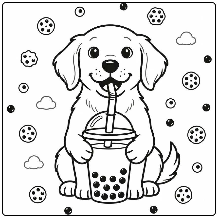 Dog drinking boba coloring page: golden retriever puppy sips giant tea