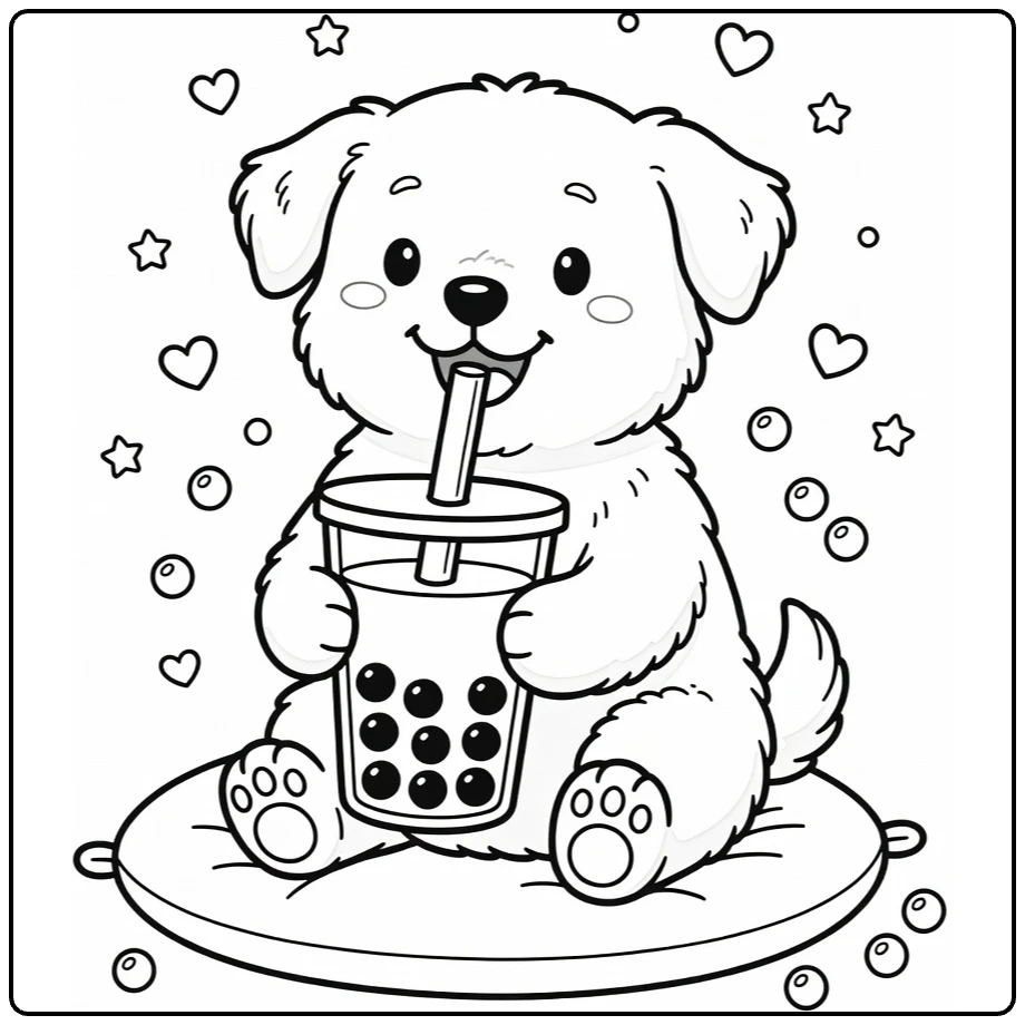 Dog drinking boba coloring page: fluffy pup sipping bubble tea