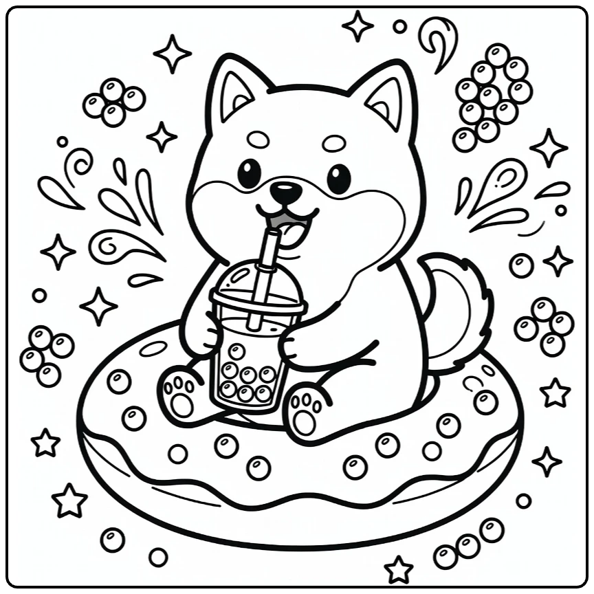 Dog drinking boba coloring page: Shiba Inu in donut float sipping