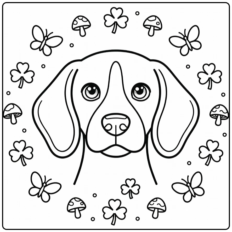 Dog head coloring page of curious Beagle with floppy ears, butterflies