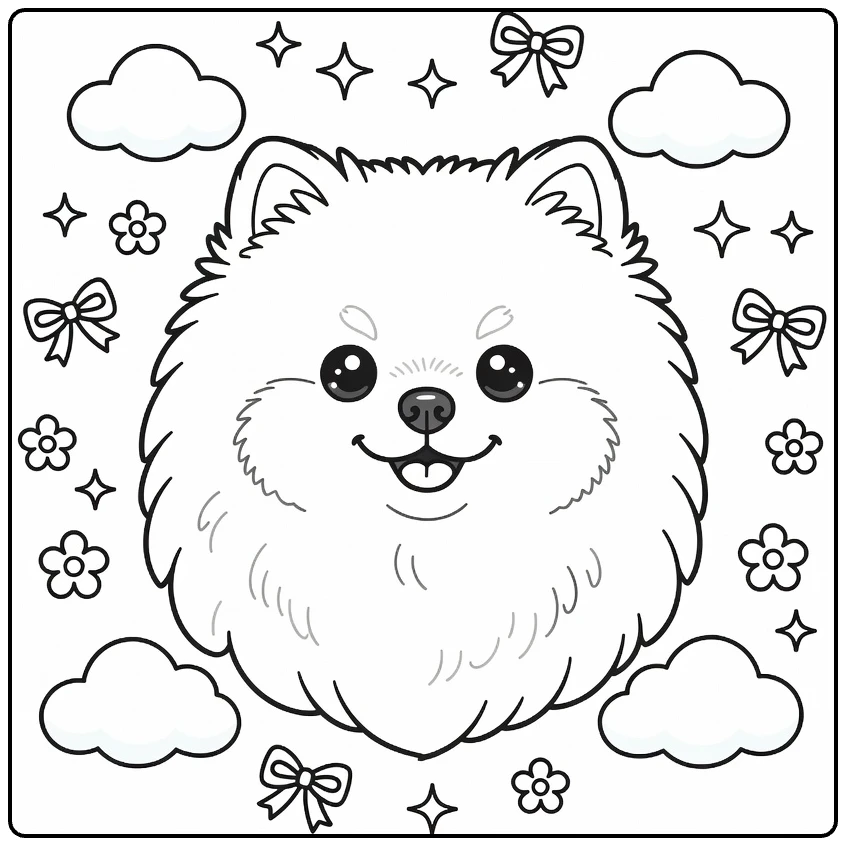 Dog head coloring page: fluffy Pomeranian with joyful expression