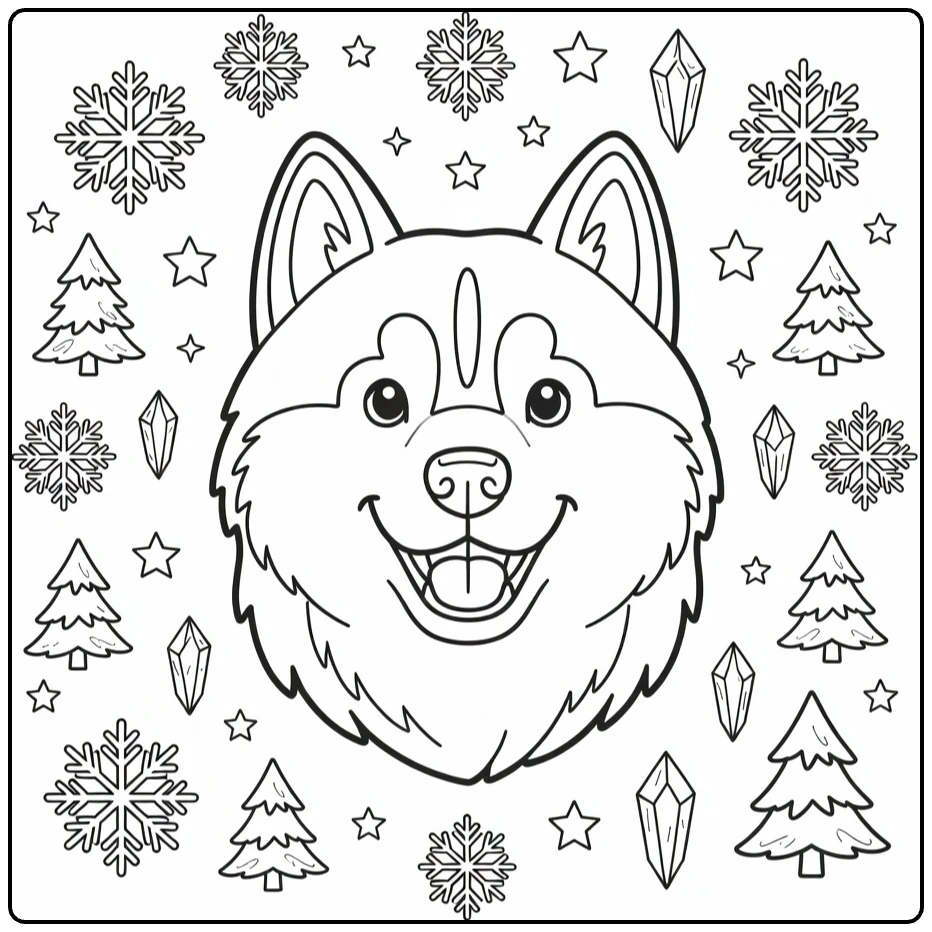 Dog head coloring page: playful Siberian Husky with snowflakes