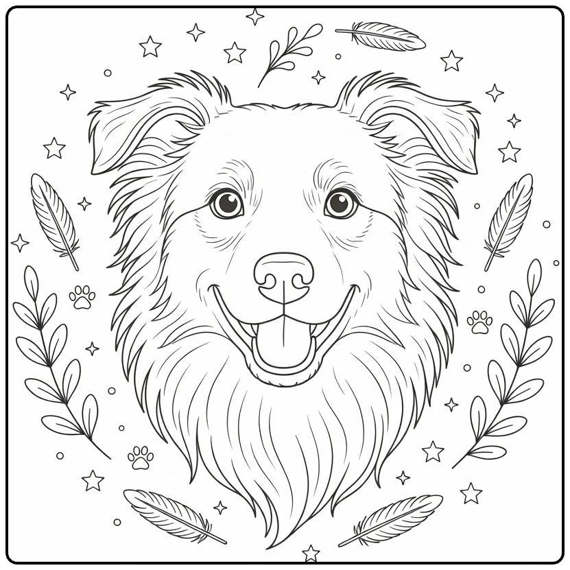 Dog head coloring page: gentle Border Collie with fluffy fur, stars