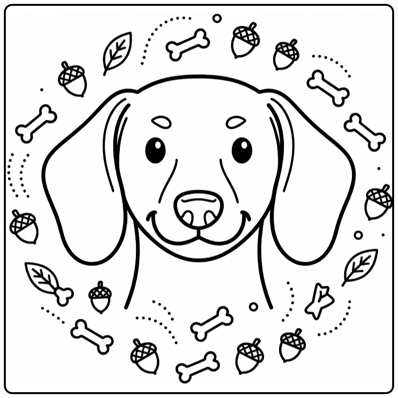 Dog head coloring page: Charming Dachshund with floppy ears, bones
