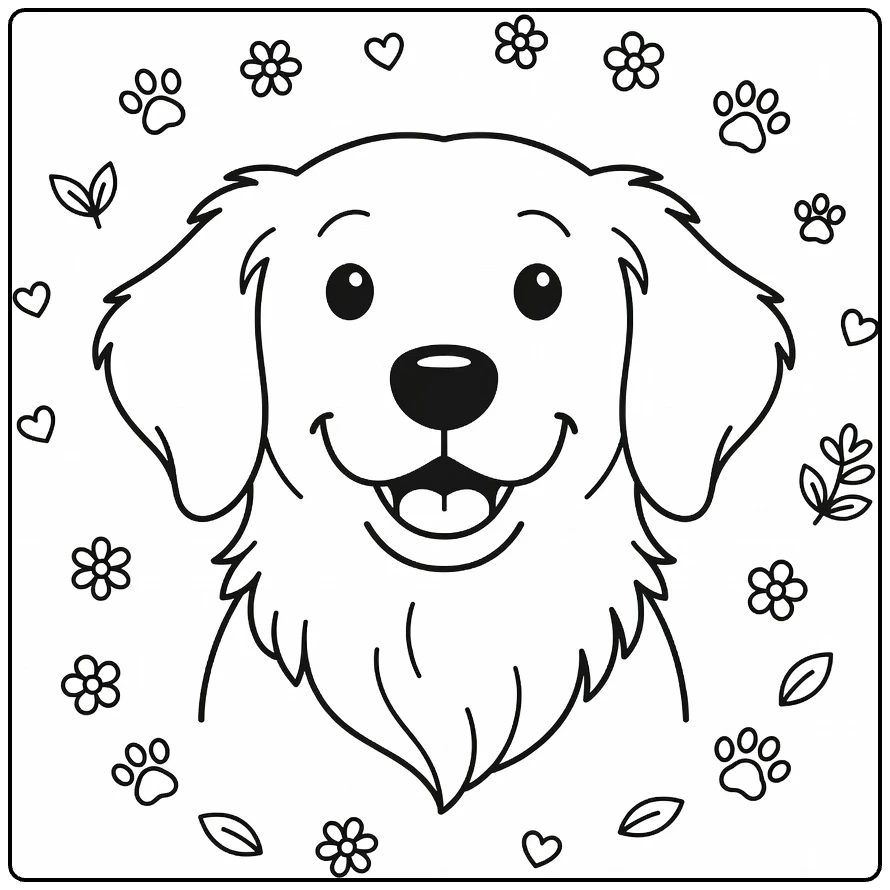 Dog head coloring page: happy Golden Retriever with flowers
