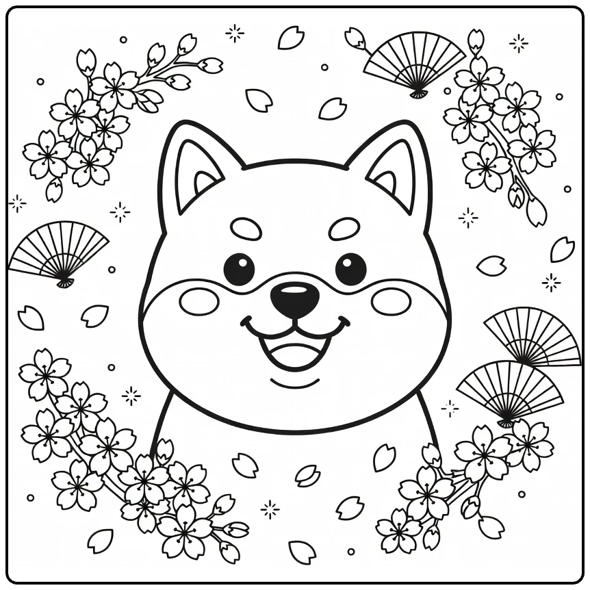Dog head coloring page: cute Shiba Inu with perky ears amid blossoms